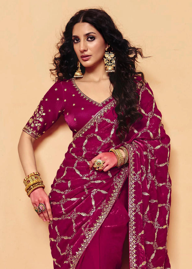 Sangria Red Embroidered Designer Tissue Saree