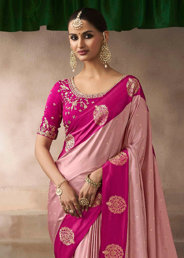 “Exclusive Offer” : Sweet Pink Woven Banarasi Satin Silk Saree
