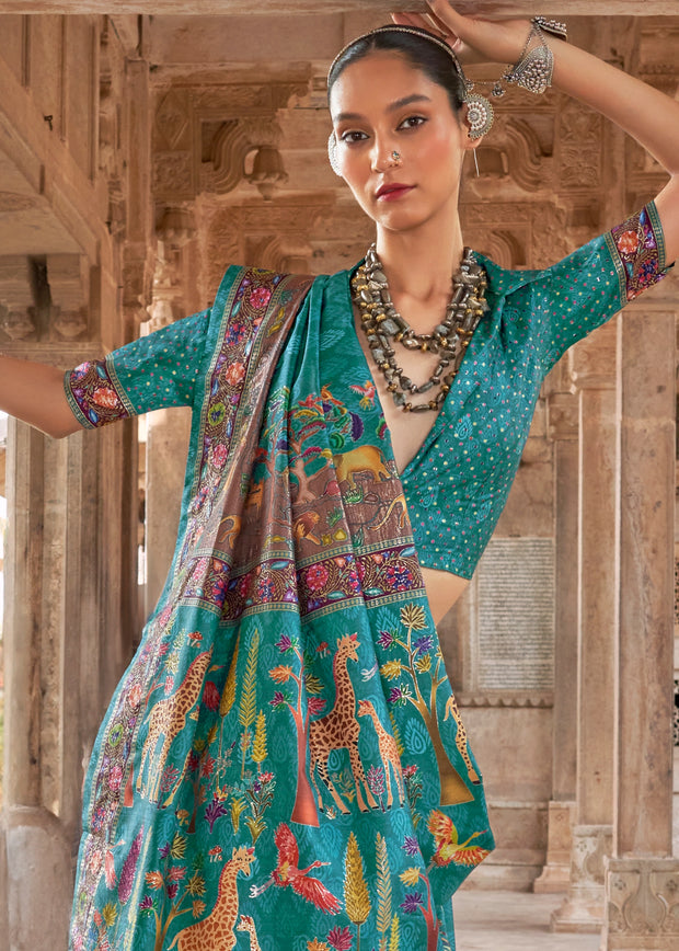 Rama Blue Printed Silk Saree