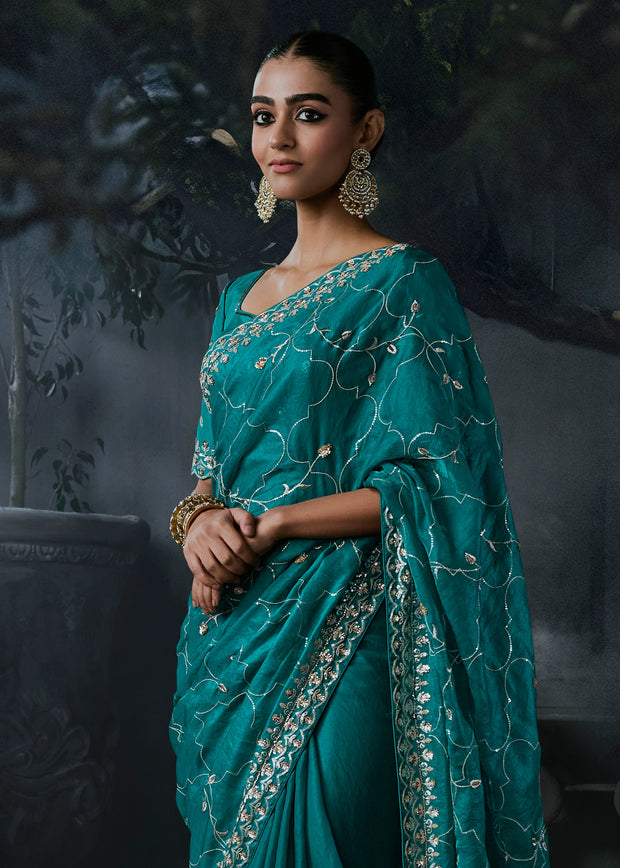 Teal Blue Embroidered Designer Saree