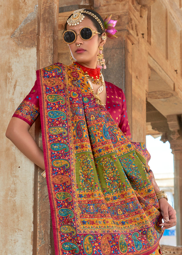 Dusky Yellow Printed Kashmiri Jamewar Saree