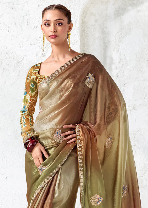 Brown And Green Designer Organza Silk Saree With Printed Blouse