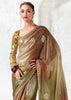 Brown And Green Designer Organza Silk Saree With Printed Blouse