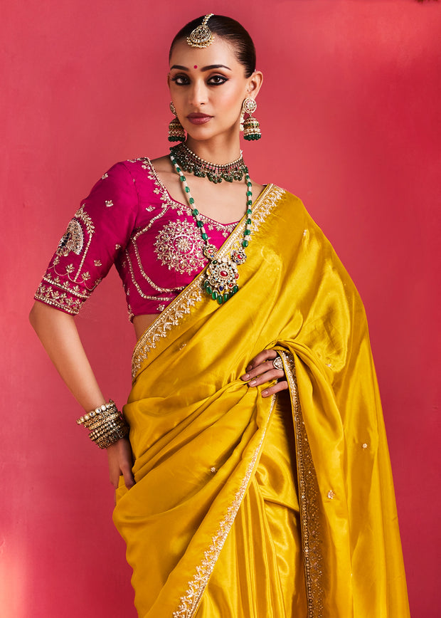 Mustard Yellow Embroidered Soft Silk Saree With Contrast Blouse
