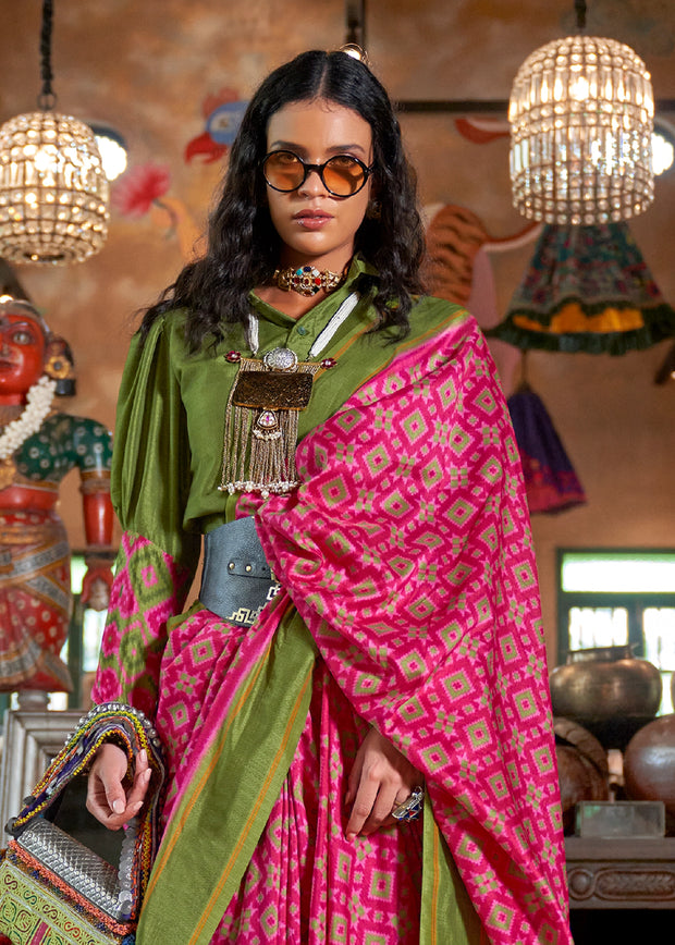Green And Pink Printed Patola Silk Saree