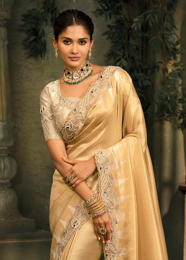 Cream Designer Embroidered Silk Saree