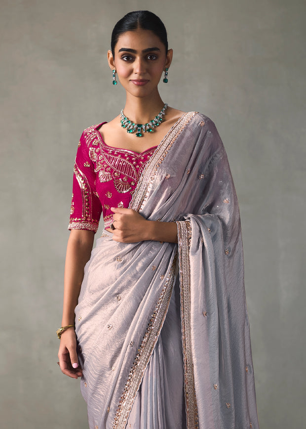 Lavender Embroidered Silk Saree With Heavy Blouse
