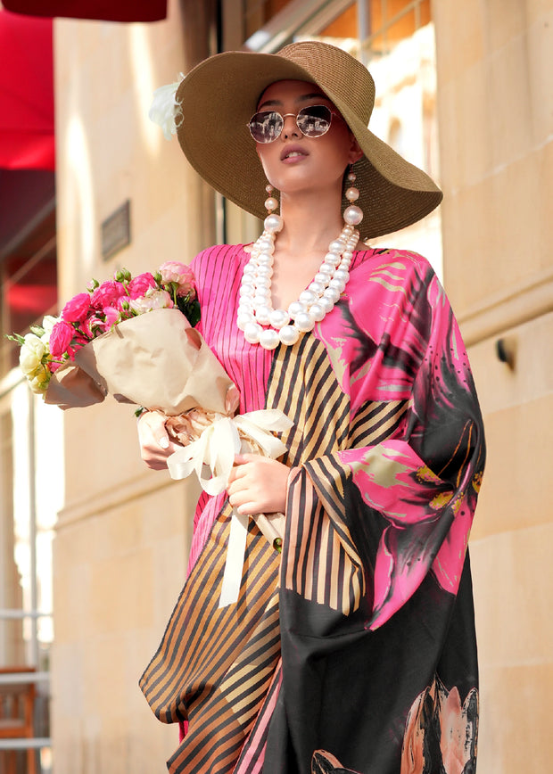 Pink And Black Digital Printed Soft Silk Saree