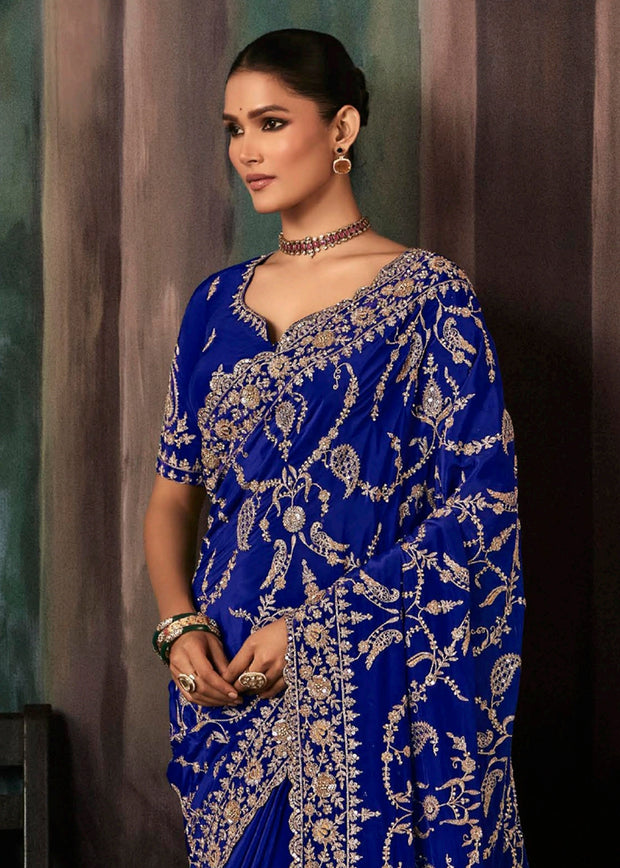 True Blue Embroidered Designer Saree