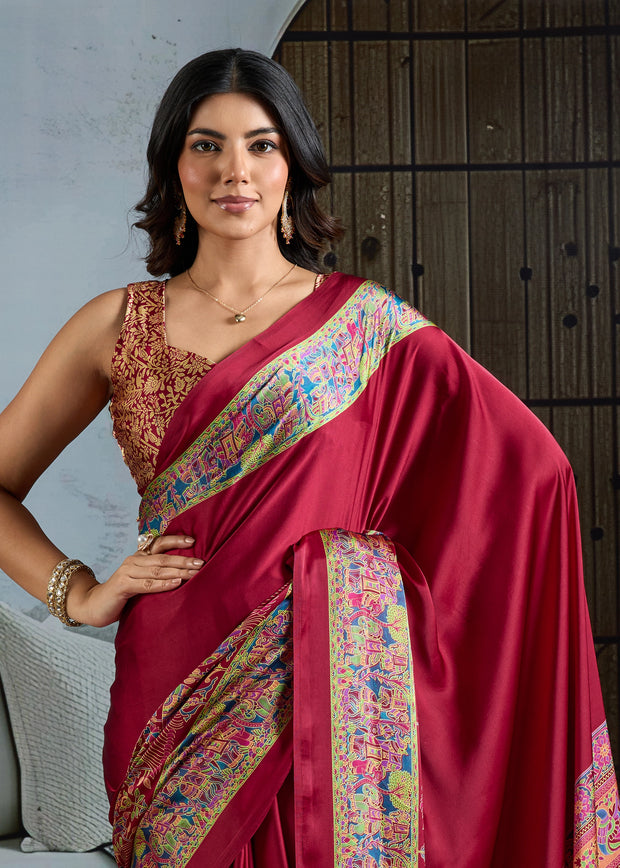 Maroon Printed Satin Silk Saree