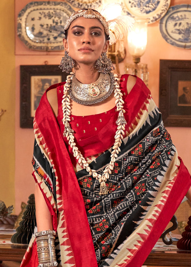 Jet Black Printed Patola Silk Saree