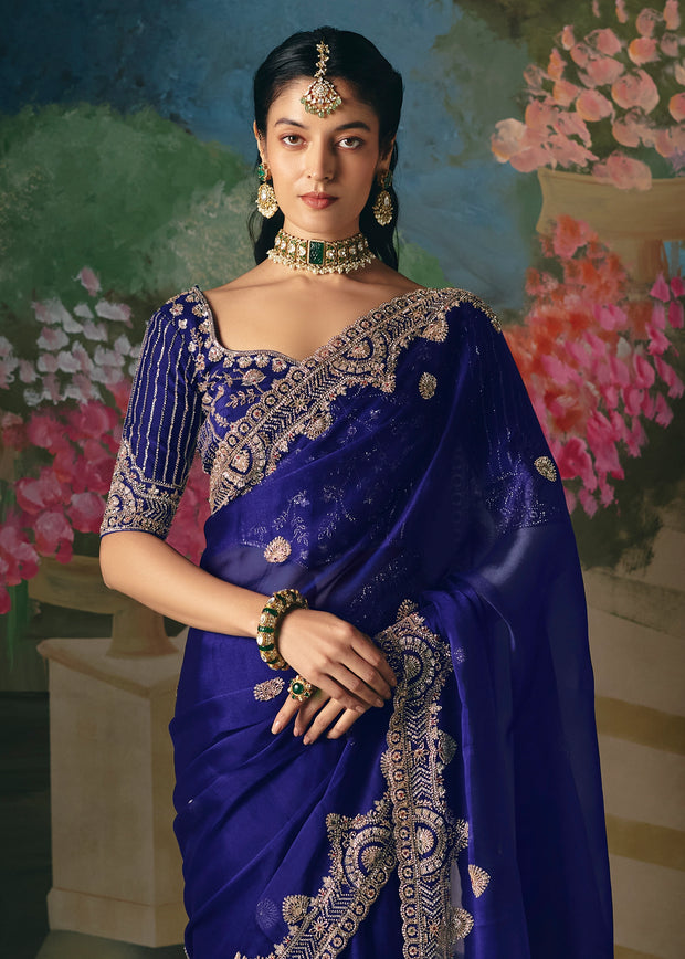 Royal Blue Embroidered Designer Saree