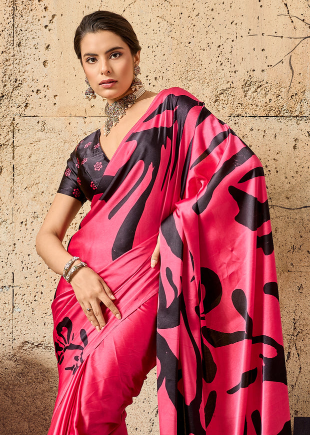 Hot Pink Printed Satin Silk Saree
