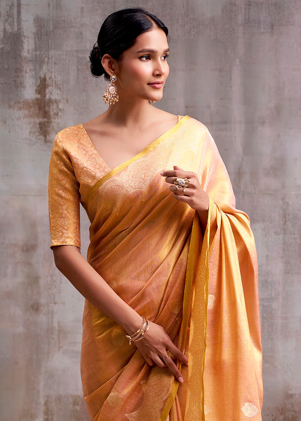 Peach Pink Woven Tissue Silk Saree