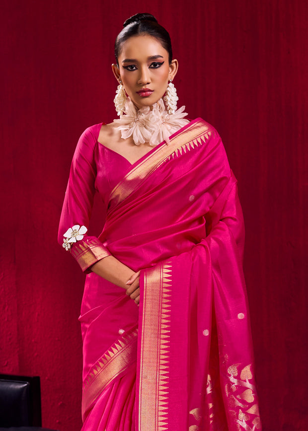 Fuchsia Pink Banarasi Satin Linen Silk Saree