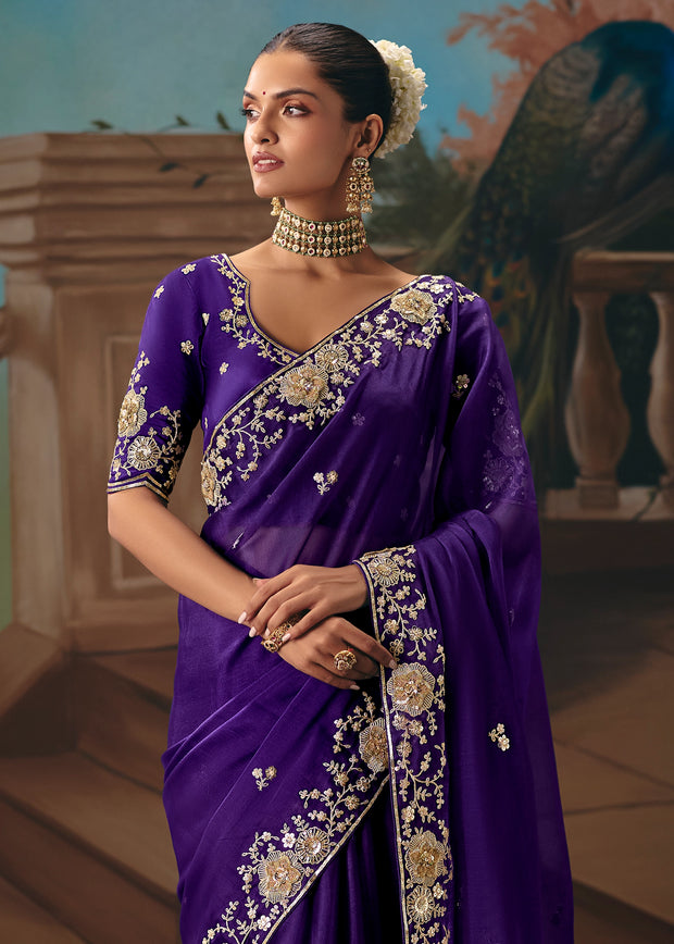 Royal Purple Embroidered Designer Saree