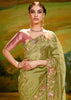 Henna Green Heavy Embroidered Designer Silk Saree With contrast Blouse