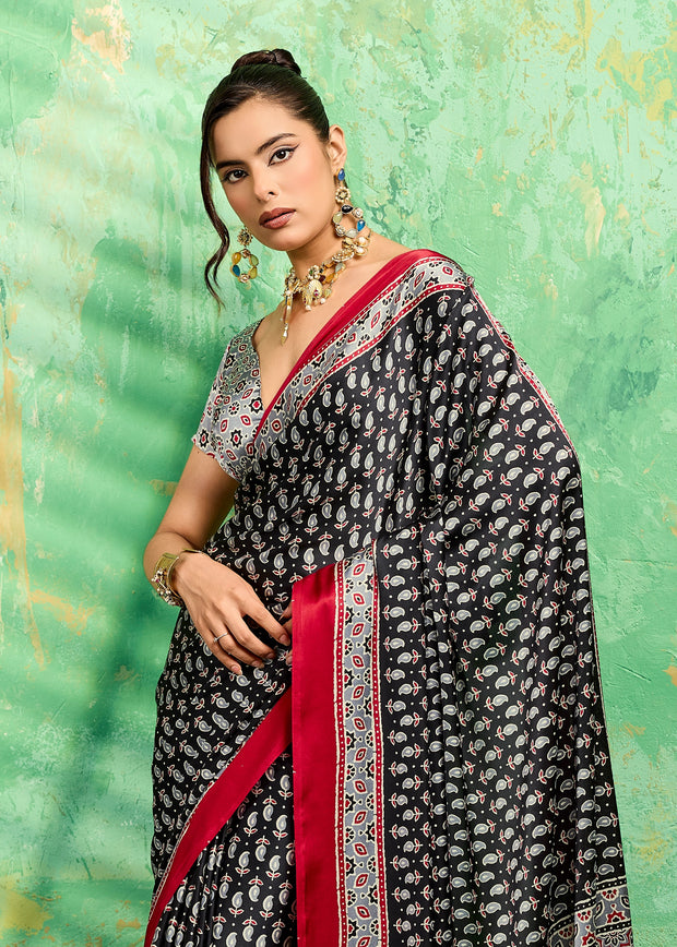 Black Printed Satin Silk Saree