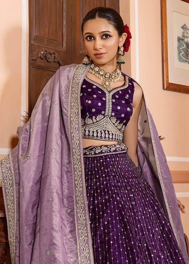 Dahila Purple Tissue Silk Embroidered Lehenga