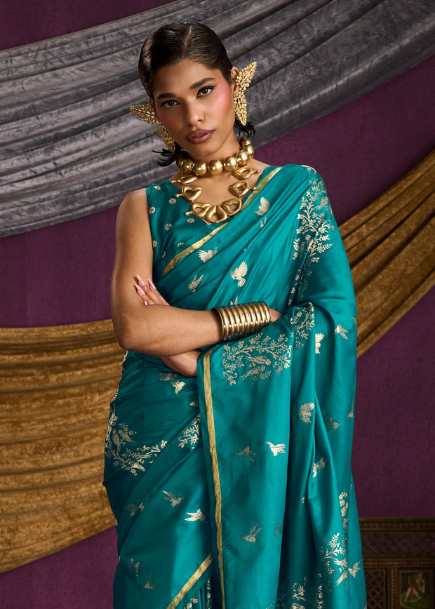 Teal Blue Banarasi Satin Silk Saree