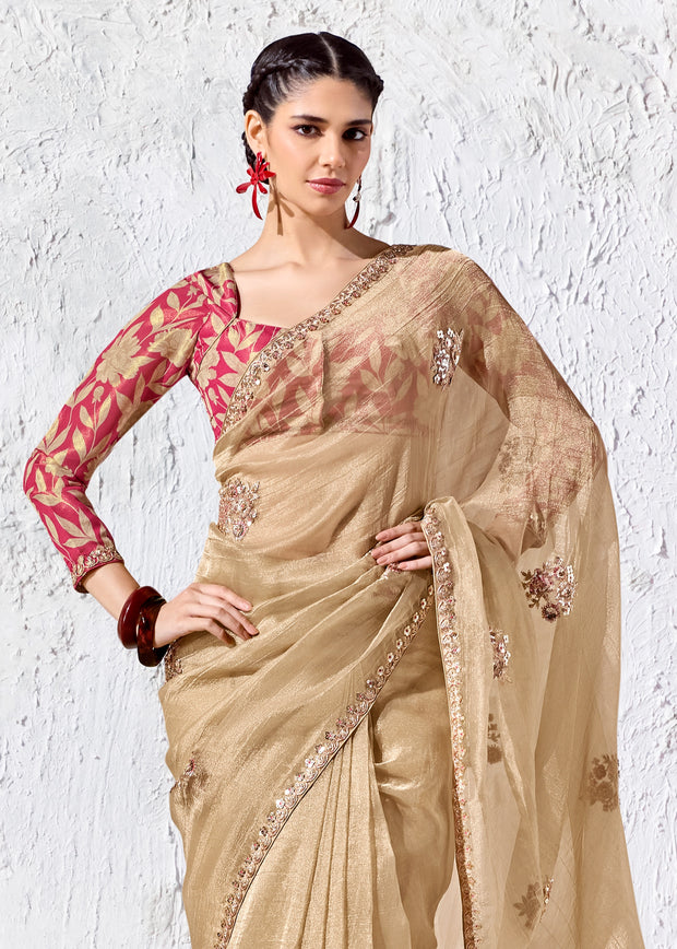 Beige Designer Organza Silk Saree With Printed Blouse