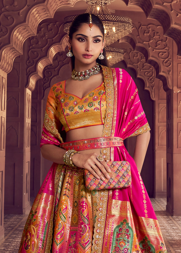 Pink Yellow Banarasi Silk Embroidered Lehenga