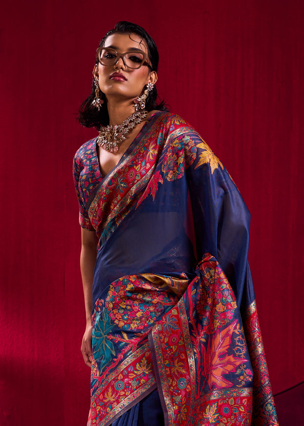 Depth Blue Woven Cotton Kashmiri Jamewar Saree