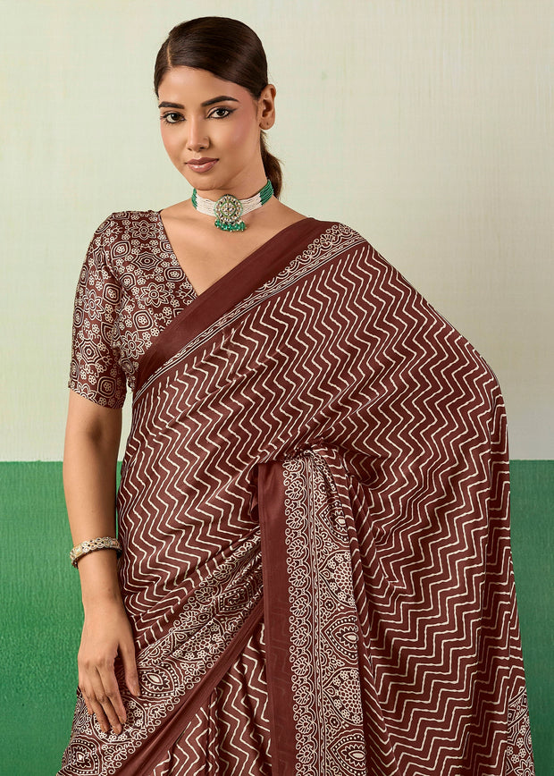 Coffee Brown Printed Satin Silk Saree