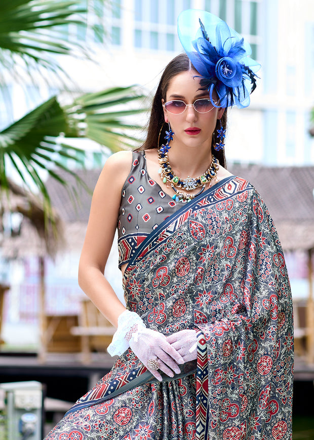 Strom Grey Satin Crepe Digital Printed Saga Saree With Contrast Blouse
