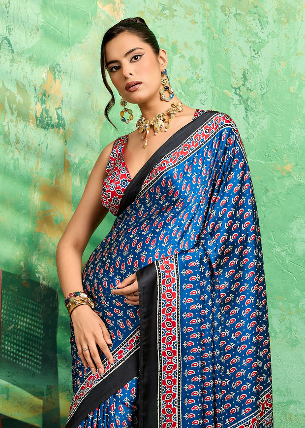 Blue Printed Satin Silk Saree