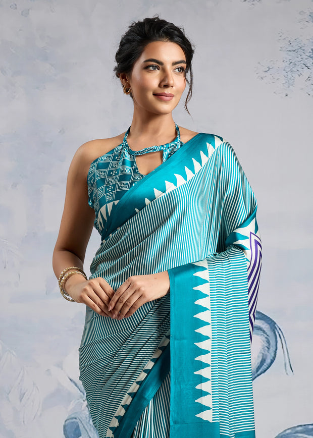 Teal Blue Printed Satin Silk Saree