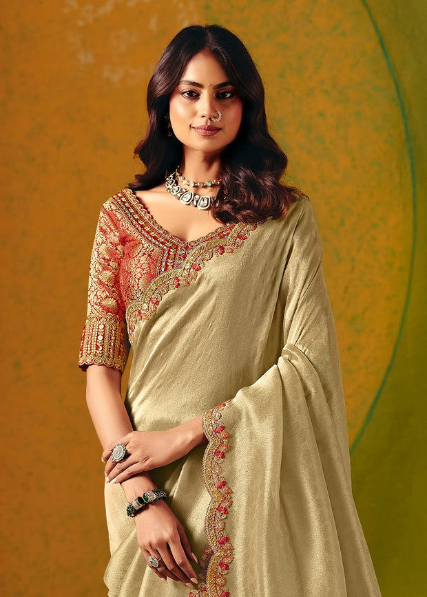 Golden Green Designer Embroidered Saree