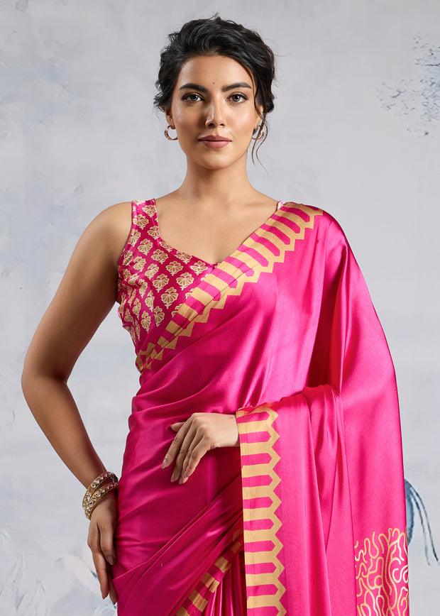 Magenta Pink Satin Silk Saree with Ajrakh Printed Pallu and Blouse