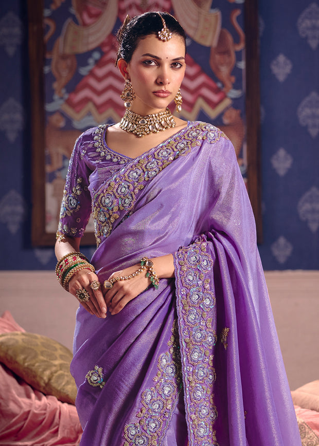 Lavender Purple Embroidered Tissue Designer Saree