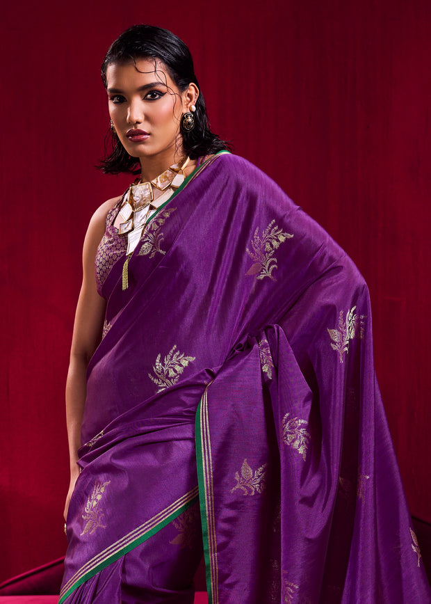 Prism Purple Woven Banarasi Satin Linen Silk Saree