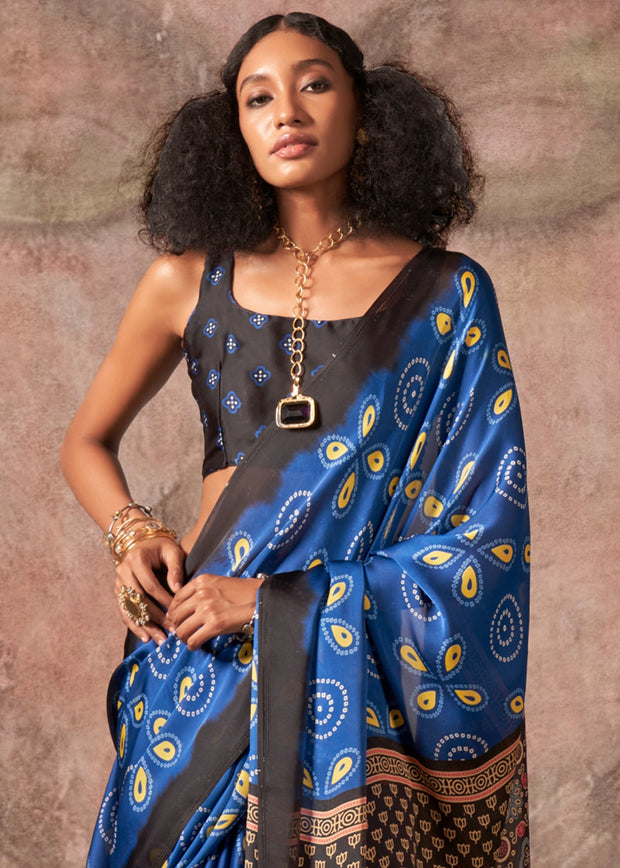 Indigo Blue Printed Crepe Satin Silk Saree