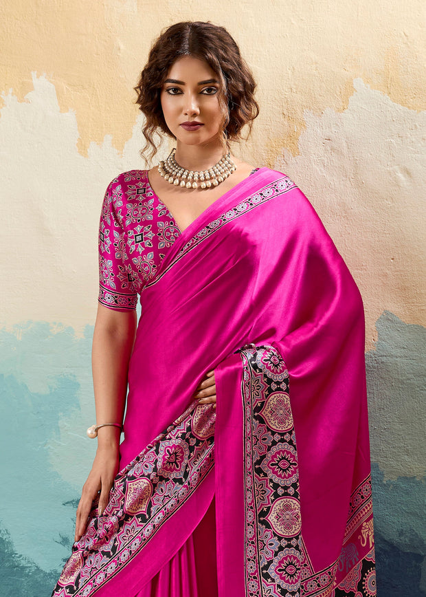 Princess Pink Printed Satin Silk Saree