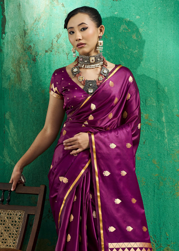 Plum Purple Woven Banarasi Satin Silk Saree