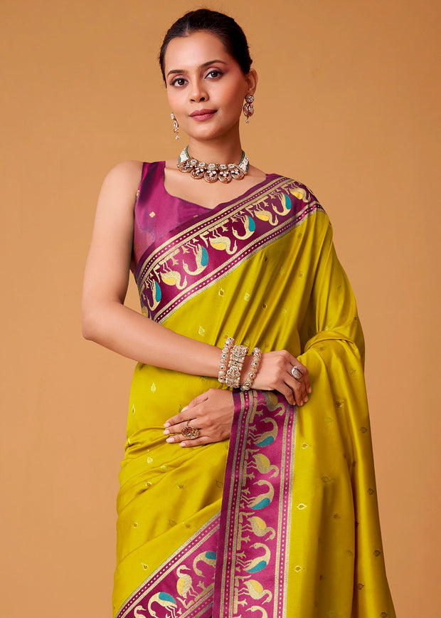 Lime Green Woven Banarasi Silk Saree