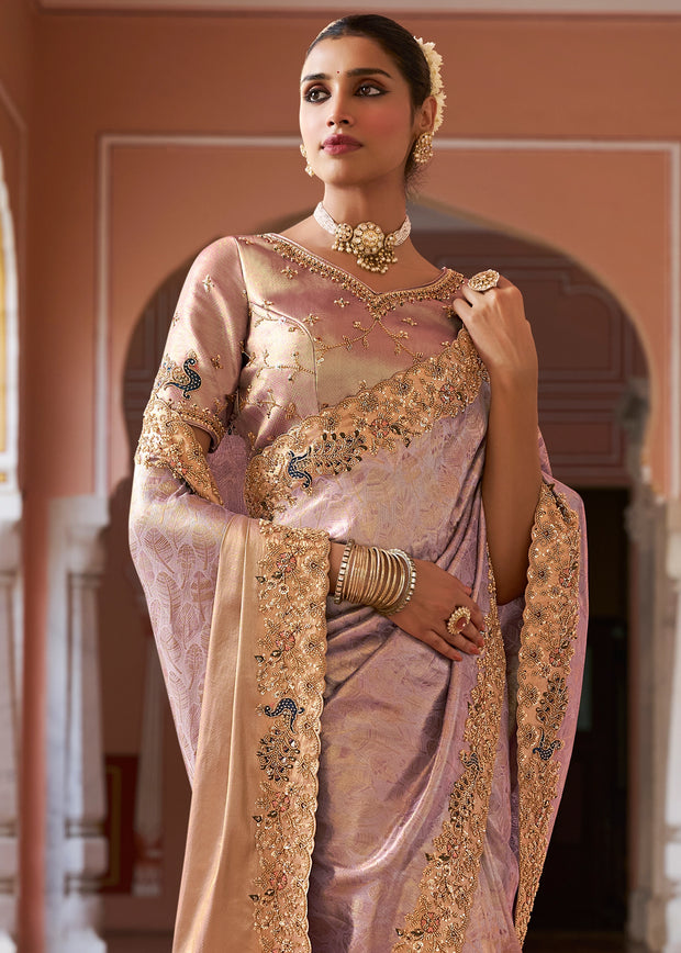 Dusty Lilac Bead Work Kanjivaram Soft Silk Saree