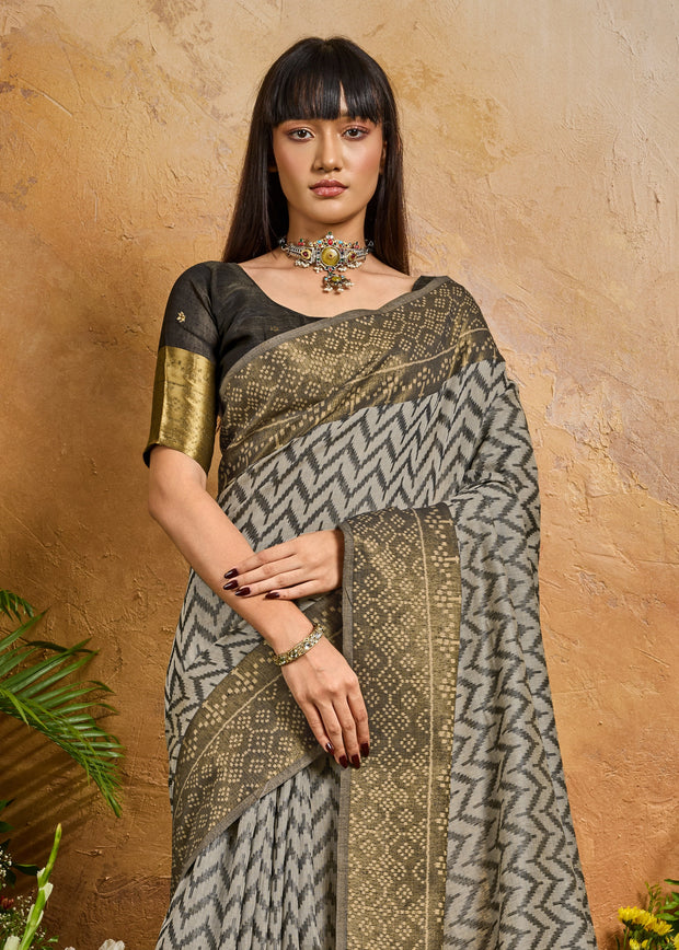 Fossil Grey Printed Patola Silk Saree