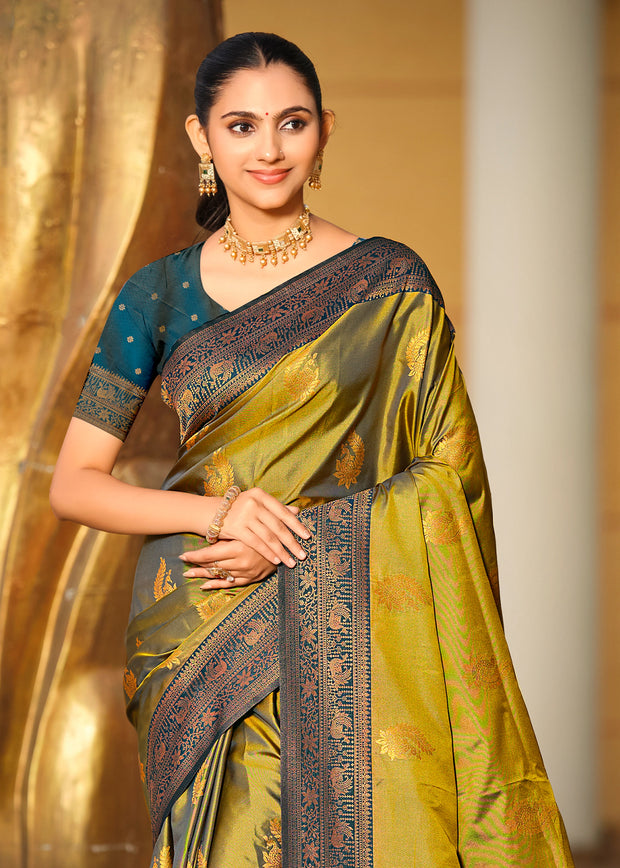 Pesto Green Dual Tone Woven Banarasi Silk Saree
