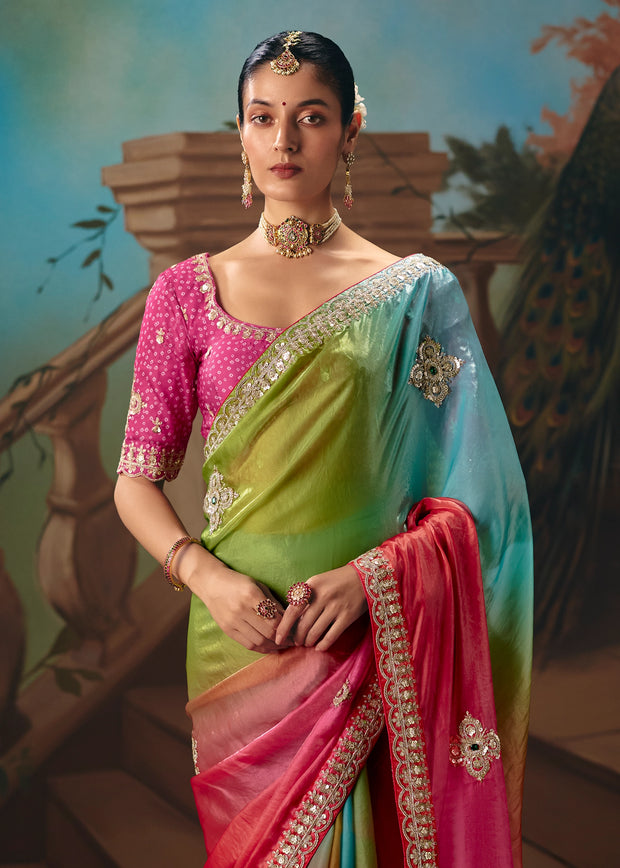 Green Pink Ombre Embroidered Designer Saree