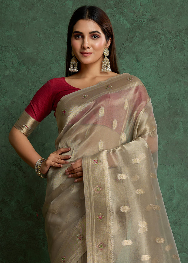 Silver Grey Woven Banarasi Tissue Saree With Meenakari Butas