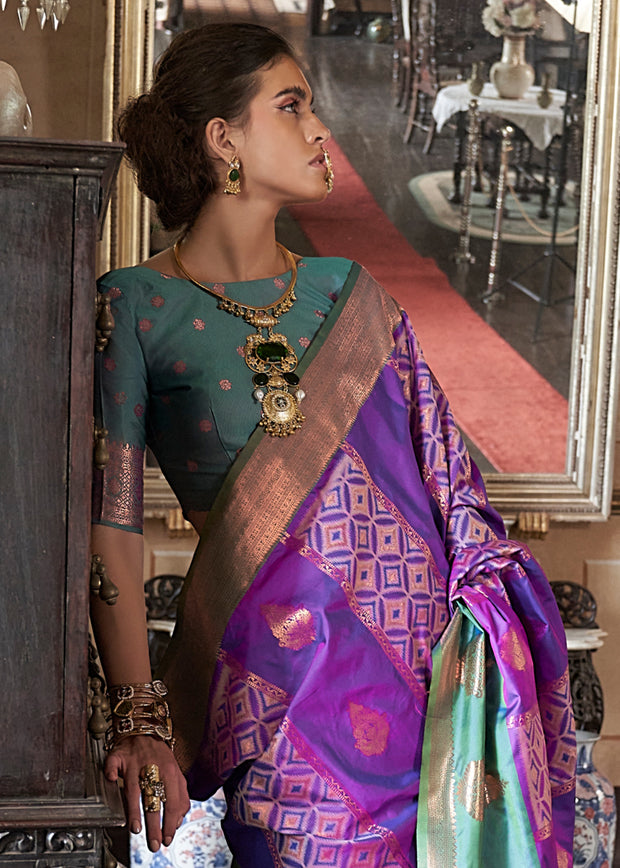 Mystic Teal & Purple Dual Tone Bronze Zari Woven Banarasi Silk Saree
