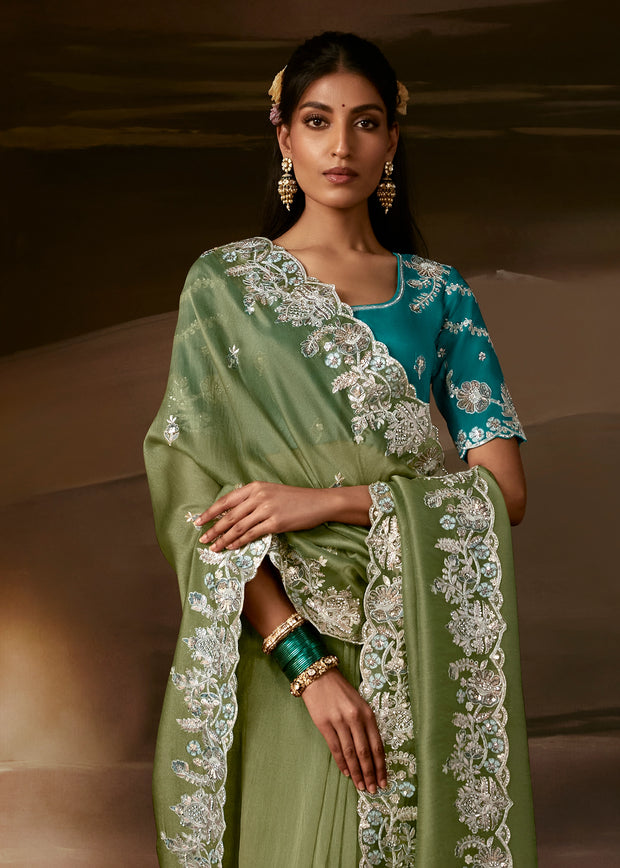 Sage Green Embroidered Designer Organza Saree