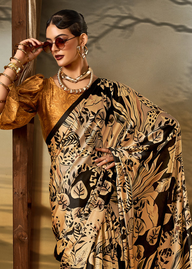Cream And Black Printed Satin Silk Saree
