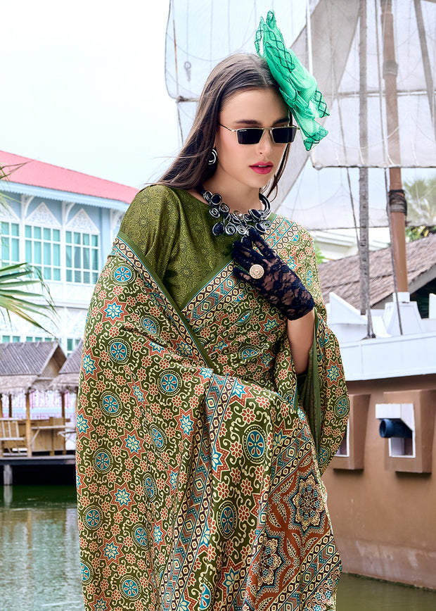 Shale Green Satin Crepe Digital Printed Saga Saree With Contrast Blouse