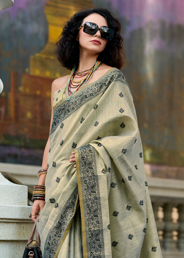 Khadi Beige Woven Tissue Linen Silk Saree
