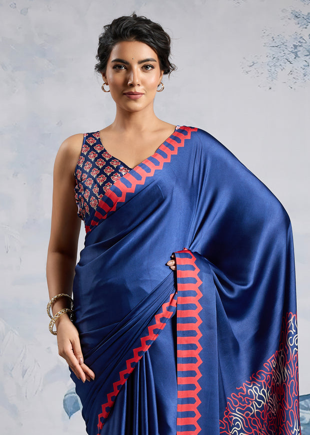 Ultramarin Blue Satin Silk Saree with Ajrakh Printed Pallu and Blouse